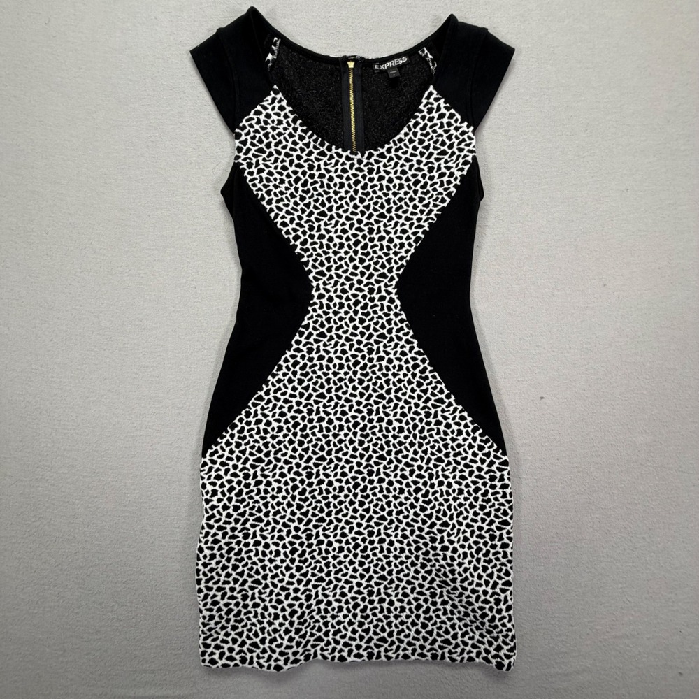 Express Bodycon Dress Womens 0 Black White Animal Print Optical Illusion Zip